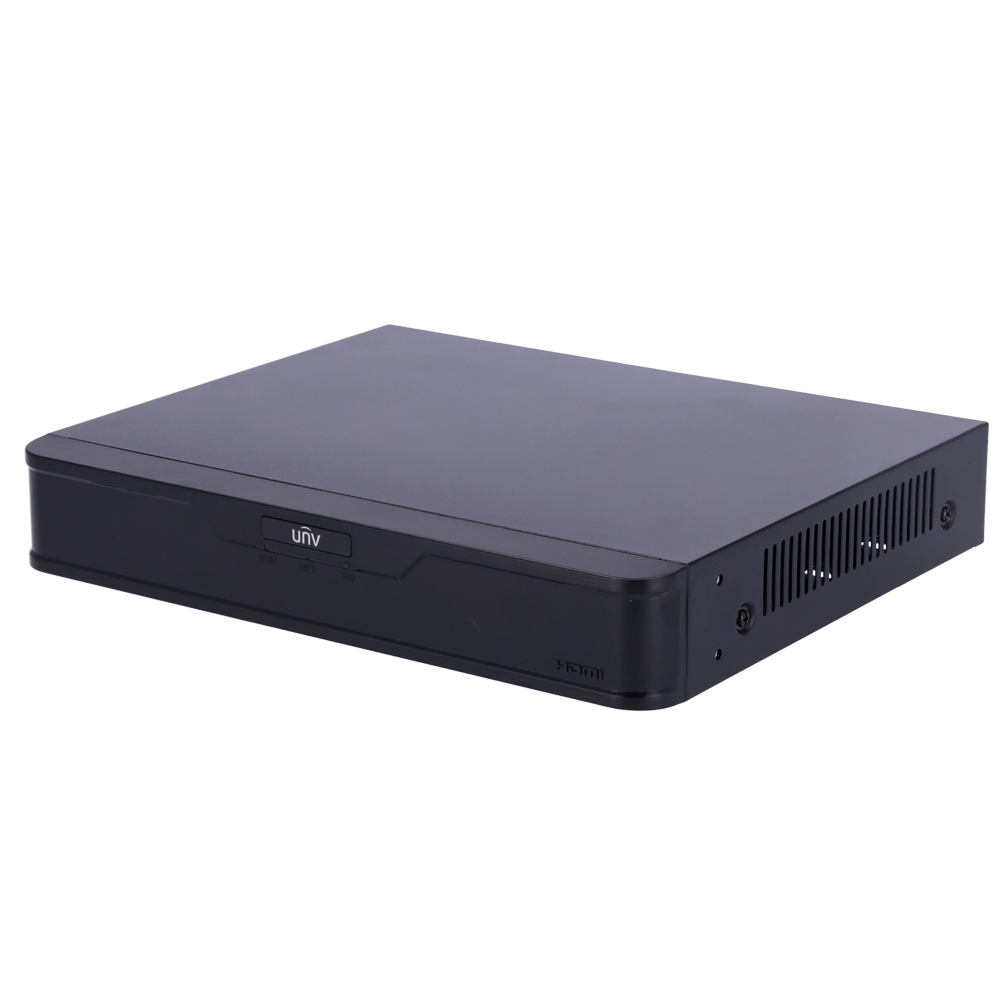 Gravador NVR Uniview Prime 4 Canais 16MP PoE | Segurança Inteligente para CCTV Dispositivo eletrónico retangular preto com etiqueta UNIV