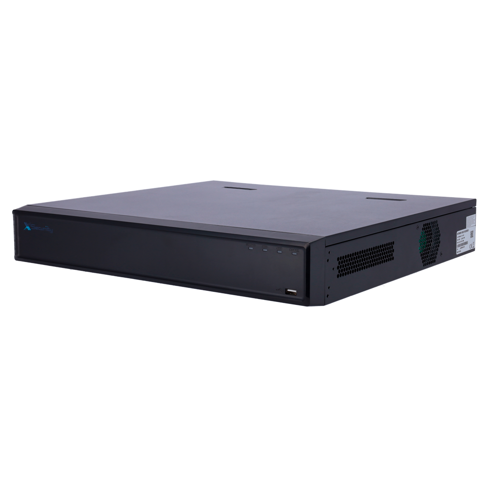 Gravador NVR 16 Canais PoE 4K X-Security WizSense Equipamento eletrónico preto retangular com indicadores LED e porta USB