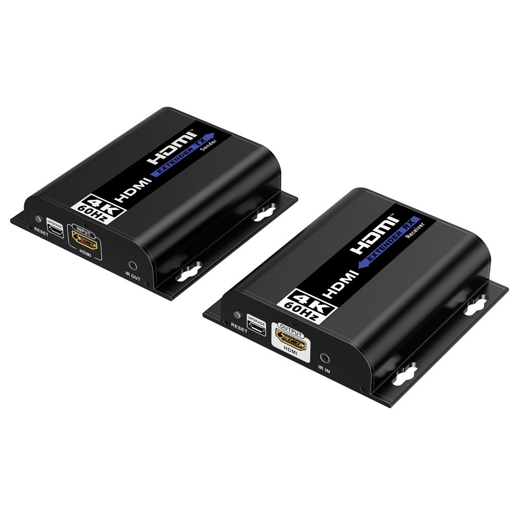 Extensor HDMI 4K@60Hz Lenkeng - Alcance 120m via Cat6 Extensor HDMI 4K 60Hz transmissor e recetor preto com conectores e botões