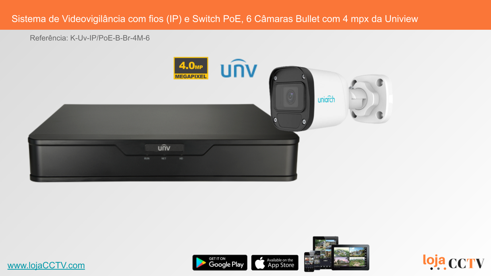 Sistema de Videovigilância com fios (IP) e Switch PoE, 6 Câmaras Bullet com 4 mpx da Uniview Sistema de videovigilância Uniview com dispositivo preto e câmara bullet branca