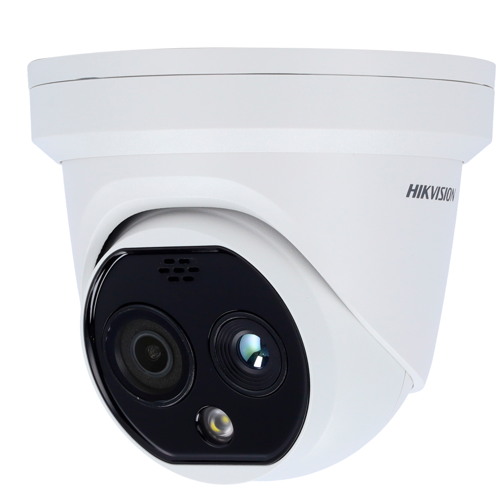 Câmara Térmica Hikvision DS-2TD1217-2/QA Turret Bi-Espectro IP Câmara de vigilância branca HIKVISION com duas lentes e LED, fixada no teto.