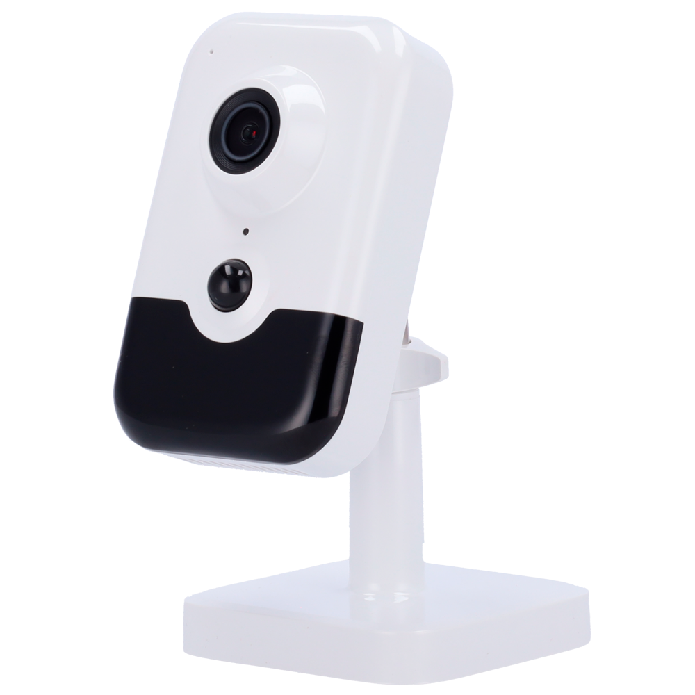 Câmara IP Cube Hikvision 4MP com Wi-Fi e PIR DS-2CD2443G2-IW(2.8mm) Câmara de vigilância interior branca e preta montada em suporte branco