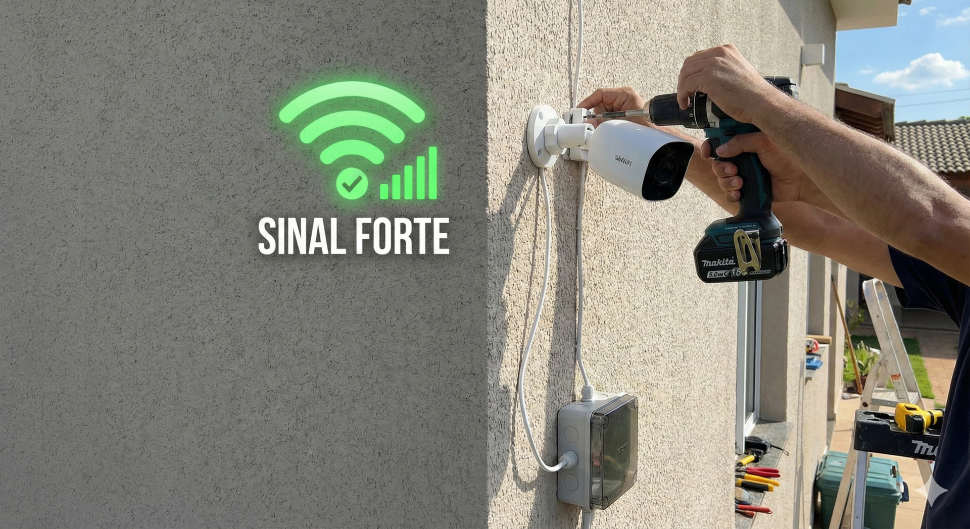 Pessoa a instalar câmara de segurança branca numa parede exterior cinzenta com ferramentas ao fundo