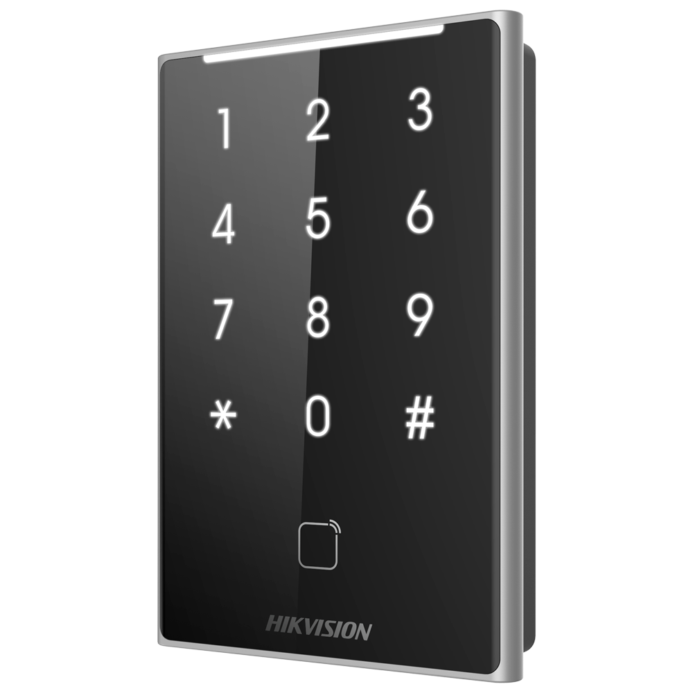 Leitor de Acesso Hikvision DS-K1109DKB Mifare DESFire, PIN e Bluetooth Teclado numérico digital preto com bordas cinza prateadas e texto HIKVISION