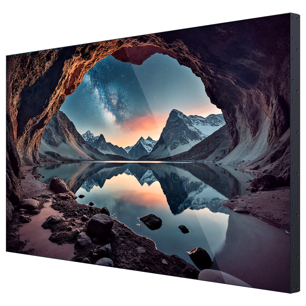 Monitor Videowall Hikvision 55" FHD Moldura Fina 0.88mm DS-D2055RL-0A Ecrã digital mostrando paisagem de caverna com lago e montanhas nevadas ao fundo