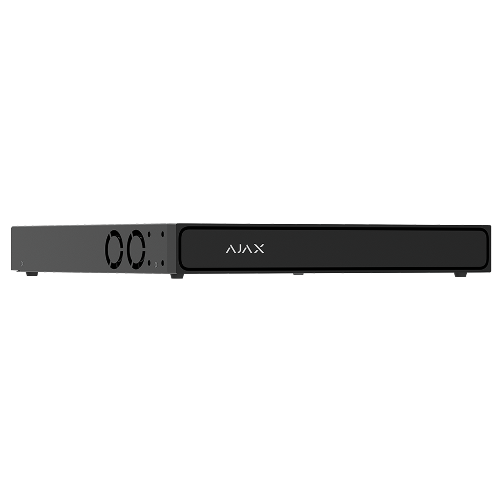 Gravador NVR Ajax AJ-NVR216-HAC-AI-8P-S-B | 16 Canais, 8x PoE, IA, 12MP Central eletrónica de segurança preta com marca AJAX