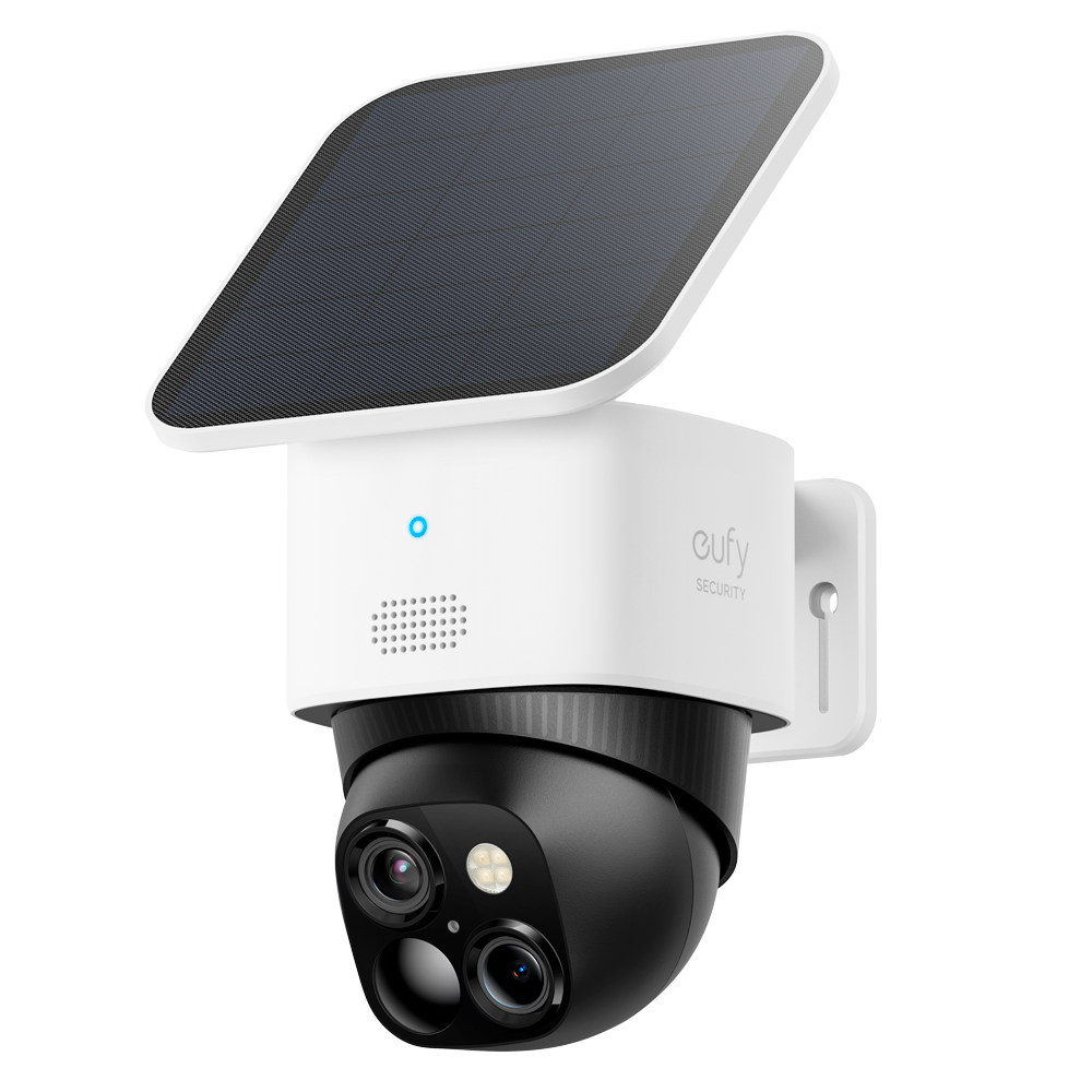 Câmara WiFi Solar Eufy S340 SoloCam 3K - Deteção Inteligente Câmara de segurança com painel solar e duas lentes em fundo branco