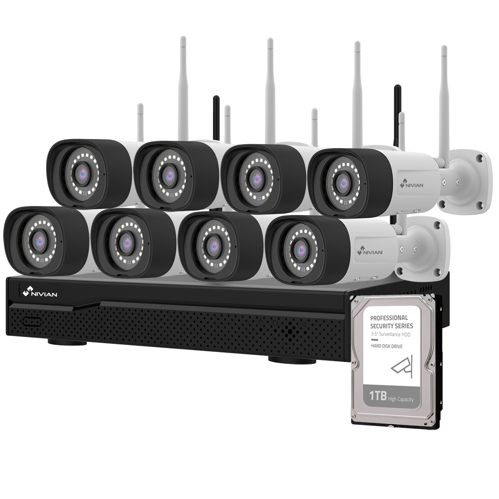 Kit CCTV WiFi Nivian 8 Câmaras 3MP IP66 + NVR 16 Canais e 1TB HDD Conjunto de oito câmaras de vigilância brancas e pretas com gravador e disco rígido 1TB