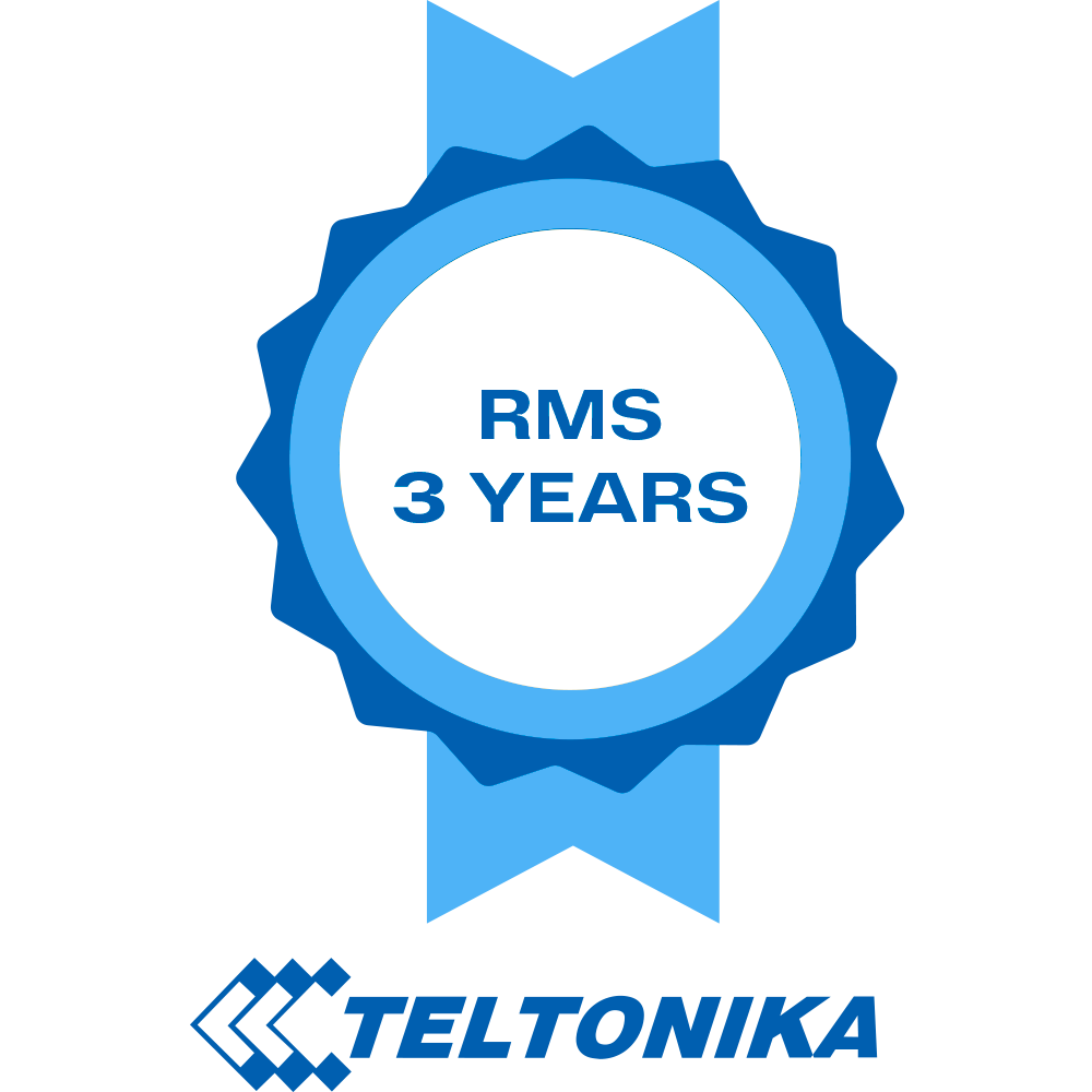 Teltonika Pack de 3 años de gestão para a Plataforma Cloud Teltonika RMS Cada licencia permite gestionar un router Teltonika em RMS durante 3 años-TK-RMS-3Y Selo azul com texto 'RMS 3 YEARS' e logo 'TELTONIKA'