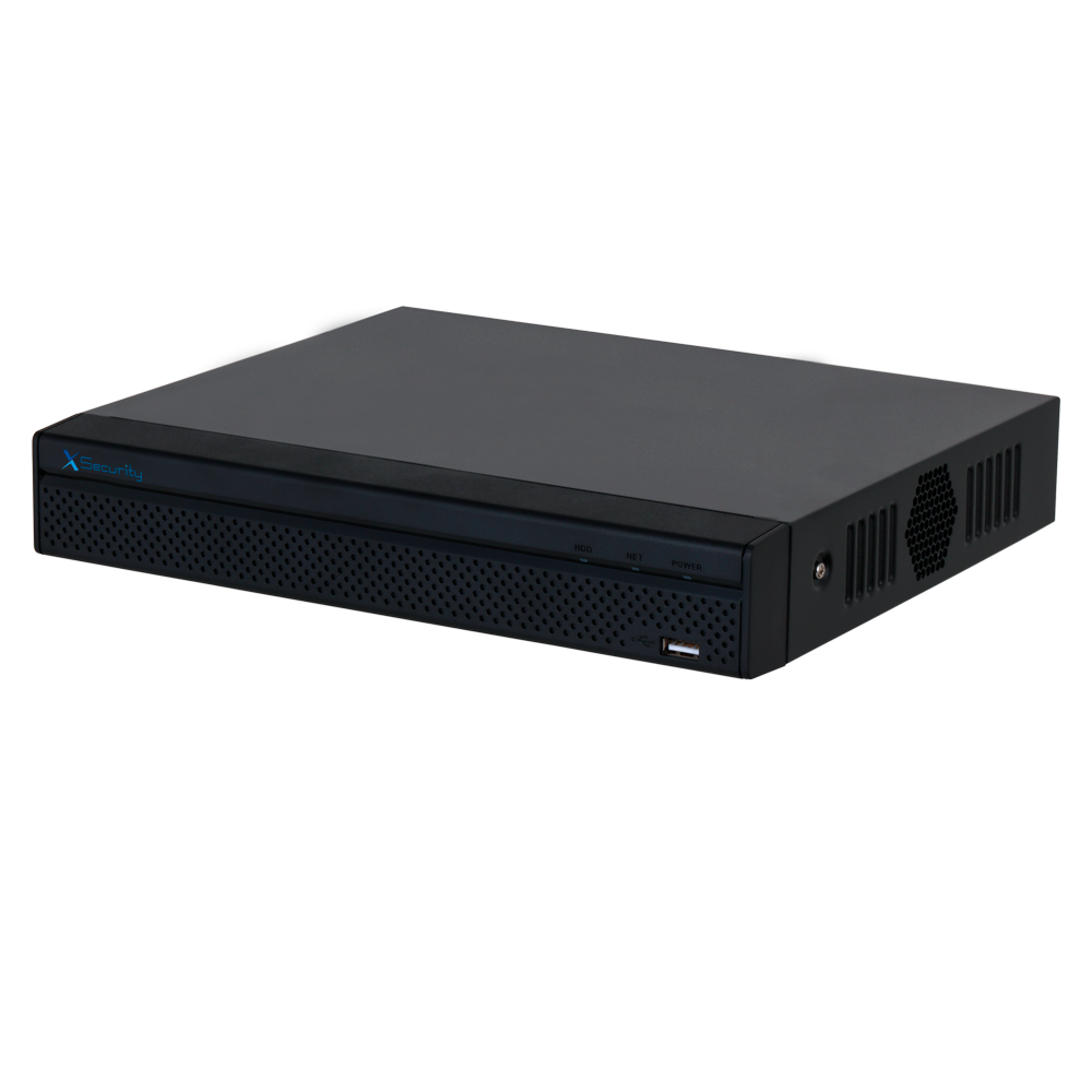 NVR PoE X-SECURITY 4 Canais 80Mbps H.265 12MP Aparelho eletrônico preto retangular com USB e ventoinha lateral