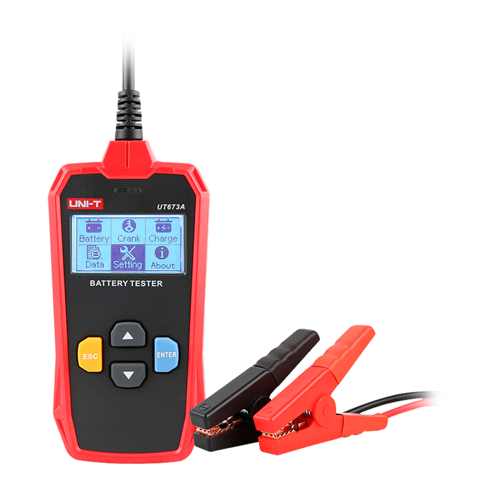 Tester de Bateria Uni-T UT673A | Teste Profissional de Capacidade e Arranque 12V/24V Multímetro digital para testar baterias com ecrã e garras vermelha e preta
