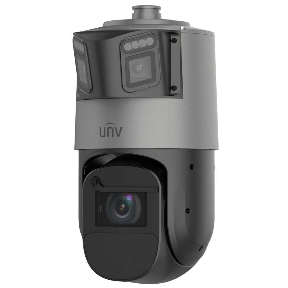 Câmara PTZ Uniview Panorâmica 6MP+4MP 42x Zoom IV 350m Câmara de segurança PTZ cinza e preta com duas lentes e logótipo 'unv'