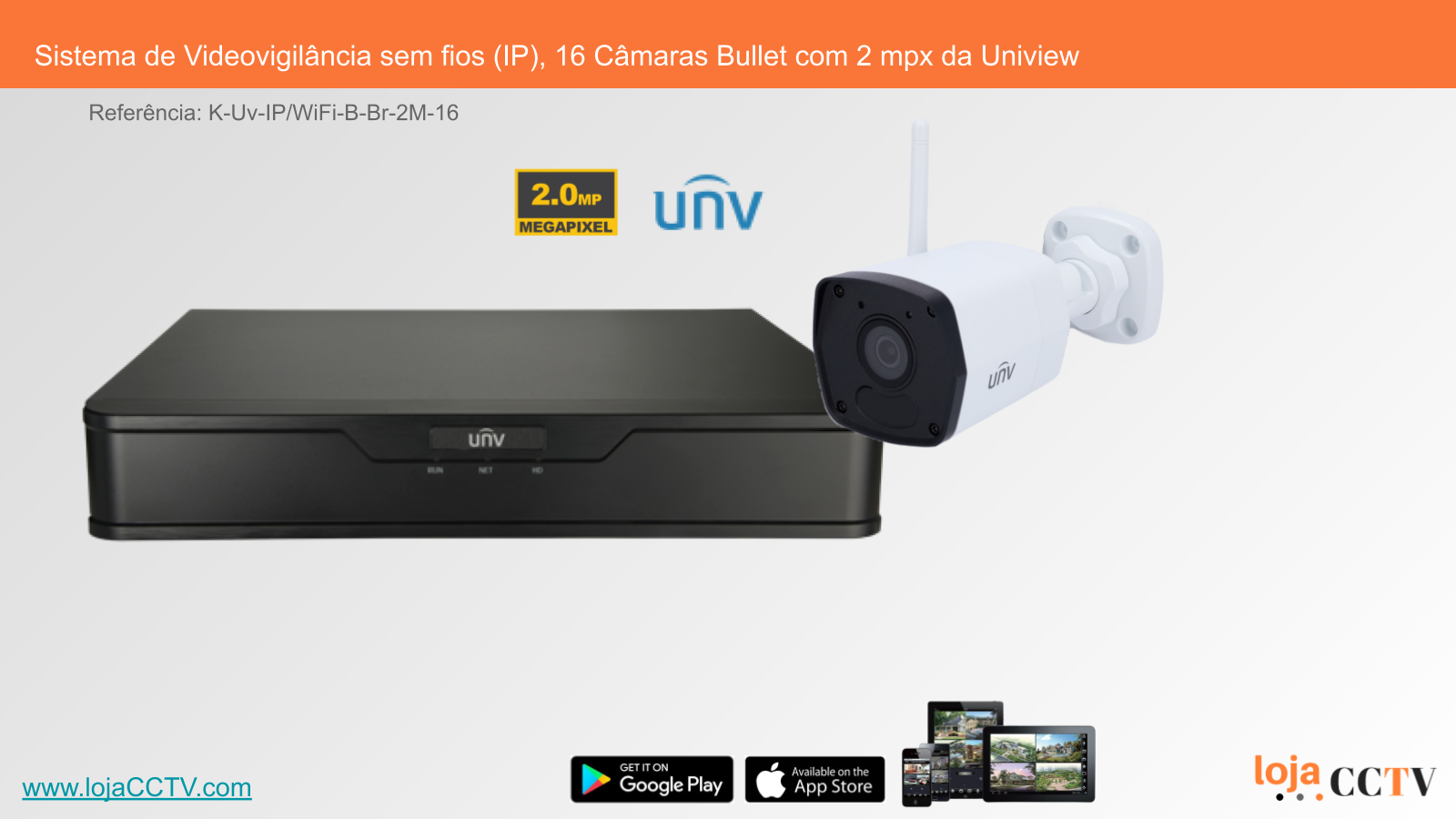 Sistema de Videovigilância sem fios (IP), 16 Câmaras Bullet com 2 mpx da Uniview Sistema de videovigilância sem fios com gravador preto e câmara branca Uniview