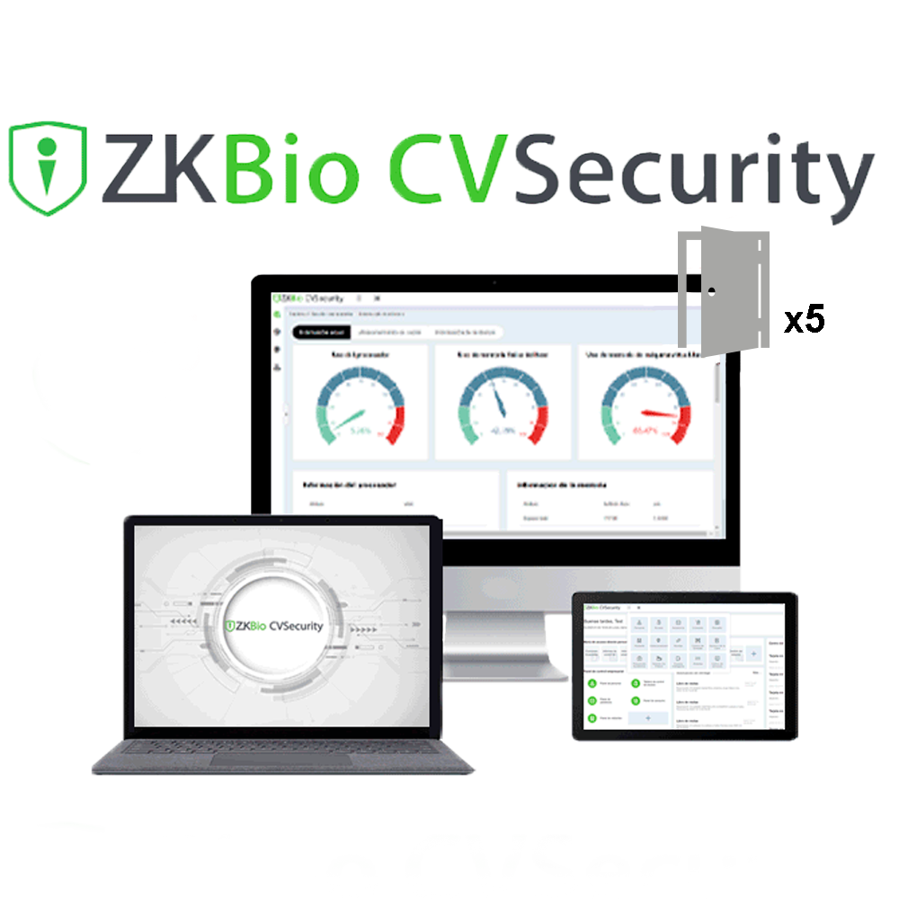 ZKTeco SOF-BIOCV-5: Software Controlo Acesso até 5 Portas Logótipo ZKBio CVSecurity e três dispositivos eletrónicos com interface de software