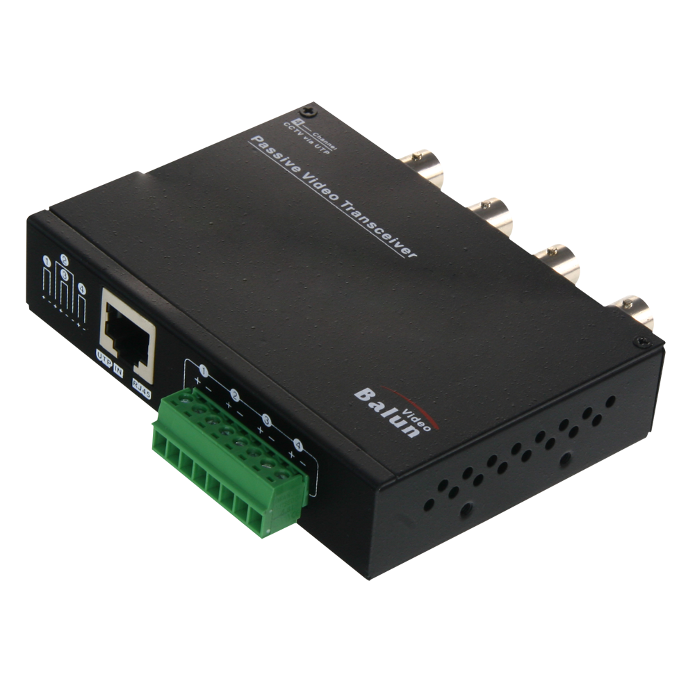 Balun Passivo 4 Canais HDTVI/HDCVI/AHD/CVBS BA614P-HAC Transceptor vídeo passivo Ballun preto com conetores BNC, RJ45 e terminais verdes