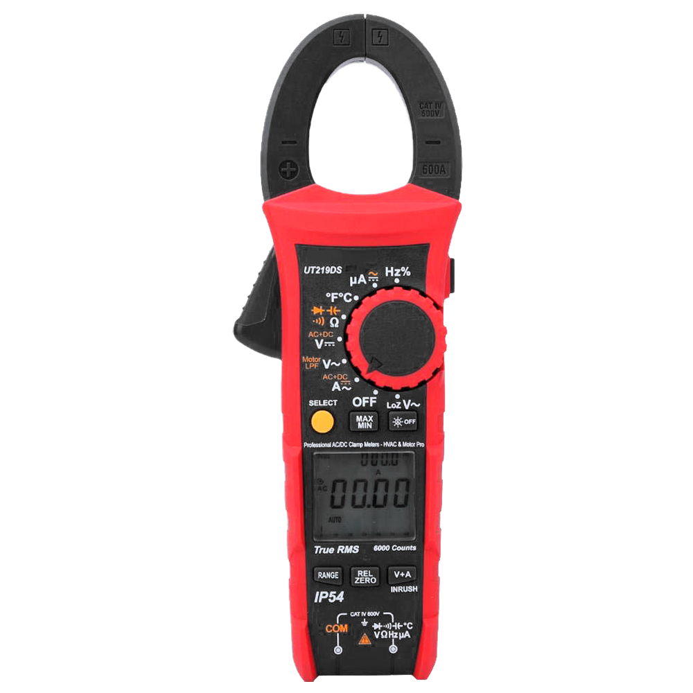 Alicate Amperimétrico Digital UNI-T UT219DS True RMS AC/DC 600A Pinça digital para medição elétrica vermelha e preta com visor LCD e botões