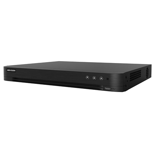 Grabador DVR Hikvision 16 Canais Analógicos + 2 IP | 1080p Lite, 1U, 1 HDD Dispositivo eletrónico preto HIKVISION com botões frontais, fundo branco