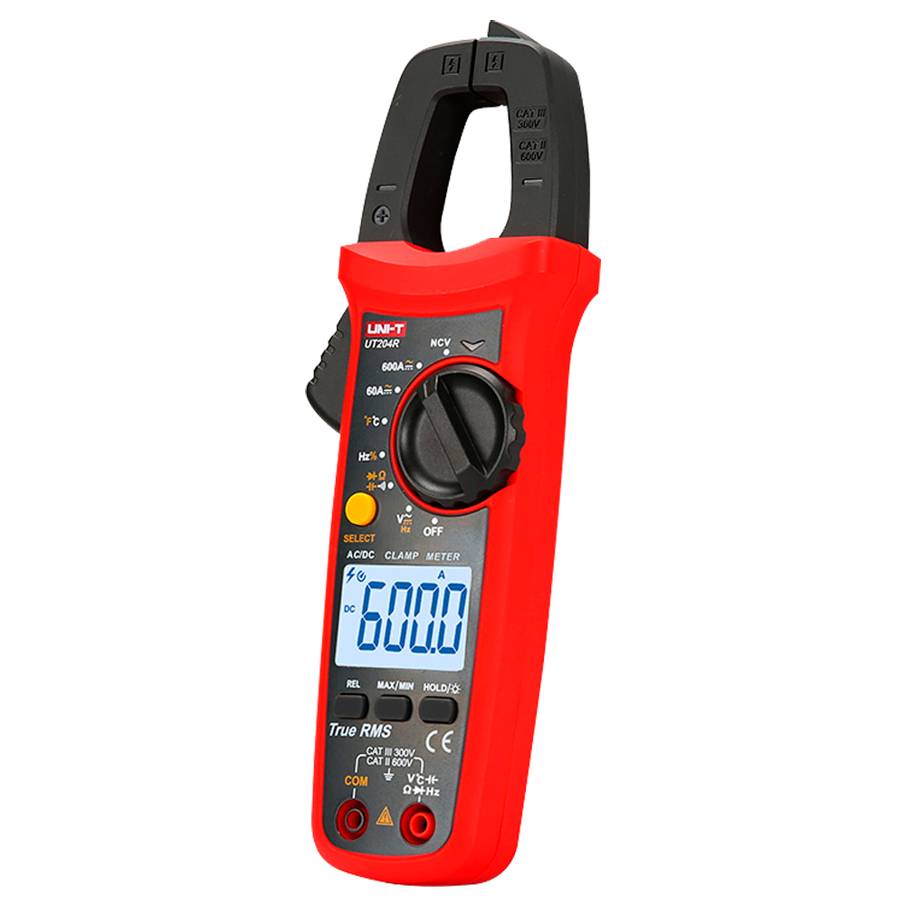 Alicate Amperimétrico UNI-T UT204R AC/DC 600A Alicate medidor digital UNI-T UT204R vermelho e preto com visor LCD e seletor giratório