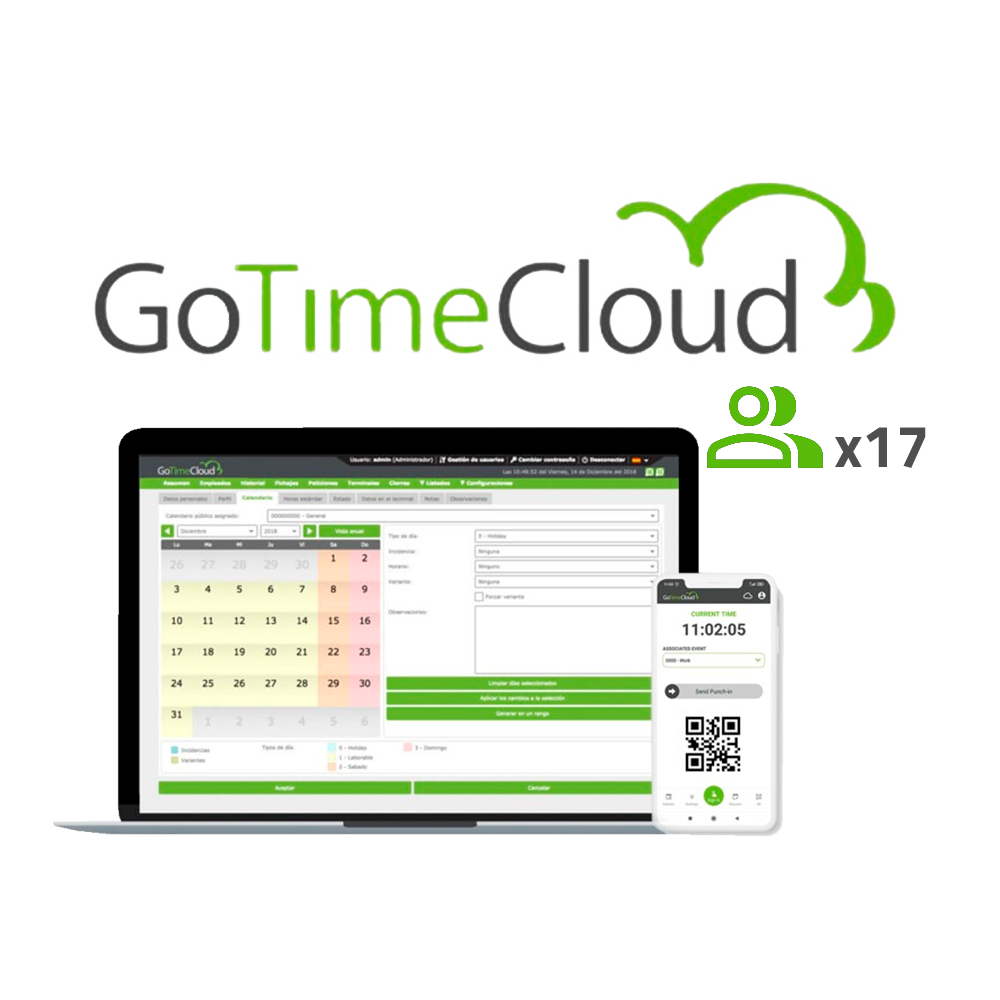 ZKTeco GoTime Cloud - 17 Utilizadores - Software Controlo de Presença Logotipo GoTimeCloud, ecrã de portátil com calendário e smartphone com temporizador e código QR, ícone verde com x17.