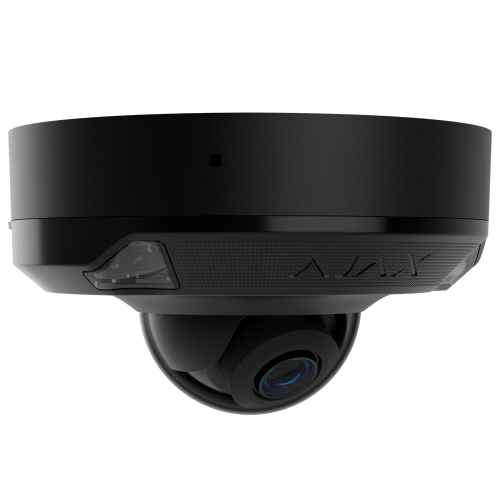 Câmara Dome IP Ajax 8MP com IR e Luz Branca - AJ-DOMECAM-MINI-8-0400-HL-B Câmara de vigilância de teto preta com lente visível e inscrição AJAR