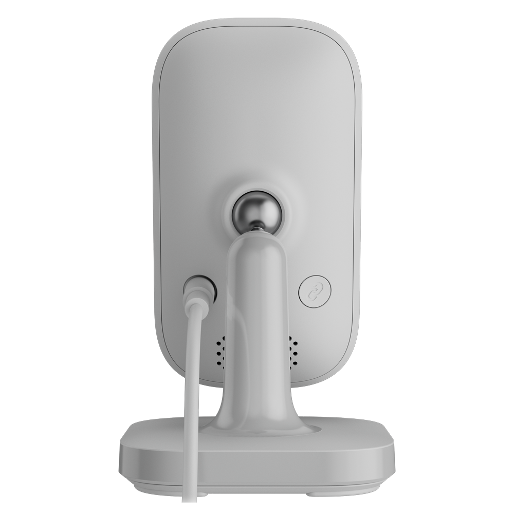 Câmara IP Cube Ajax IndoorCam 4MP com IA e Visão Noturna Câmara de vídeo branca vista de trás com cabo e botão de ícone de corrente.