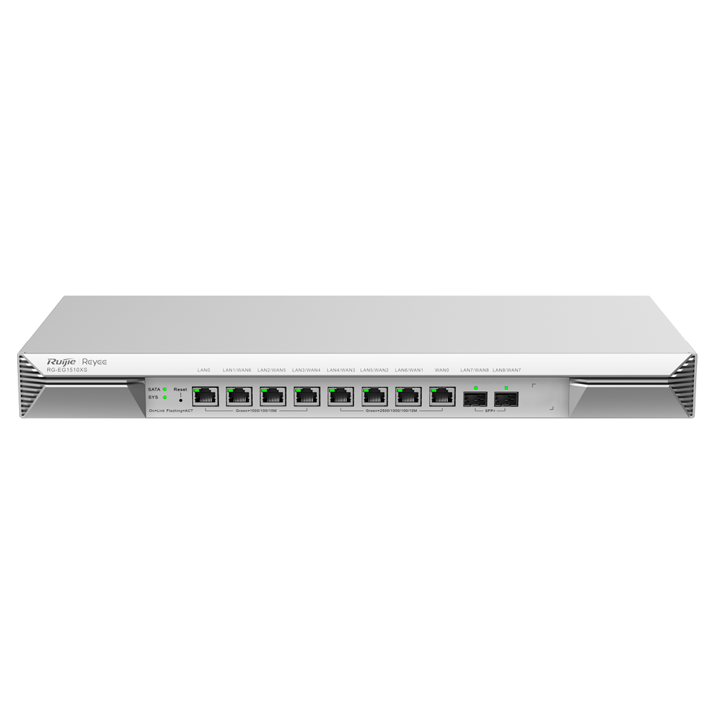 RG-EG1510XS Equipamento de rede branco com portas Ethernet e indicadores LED verdes.