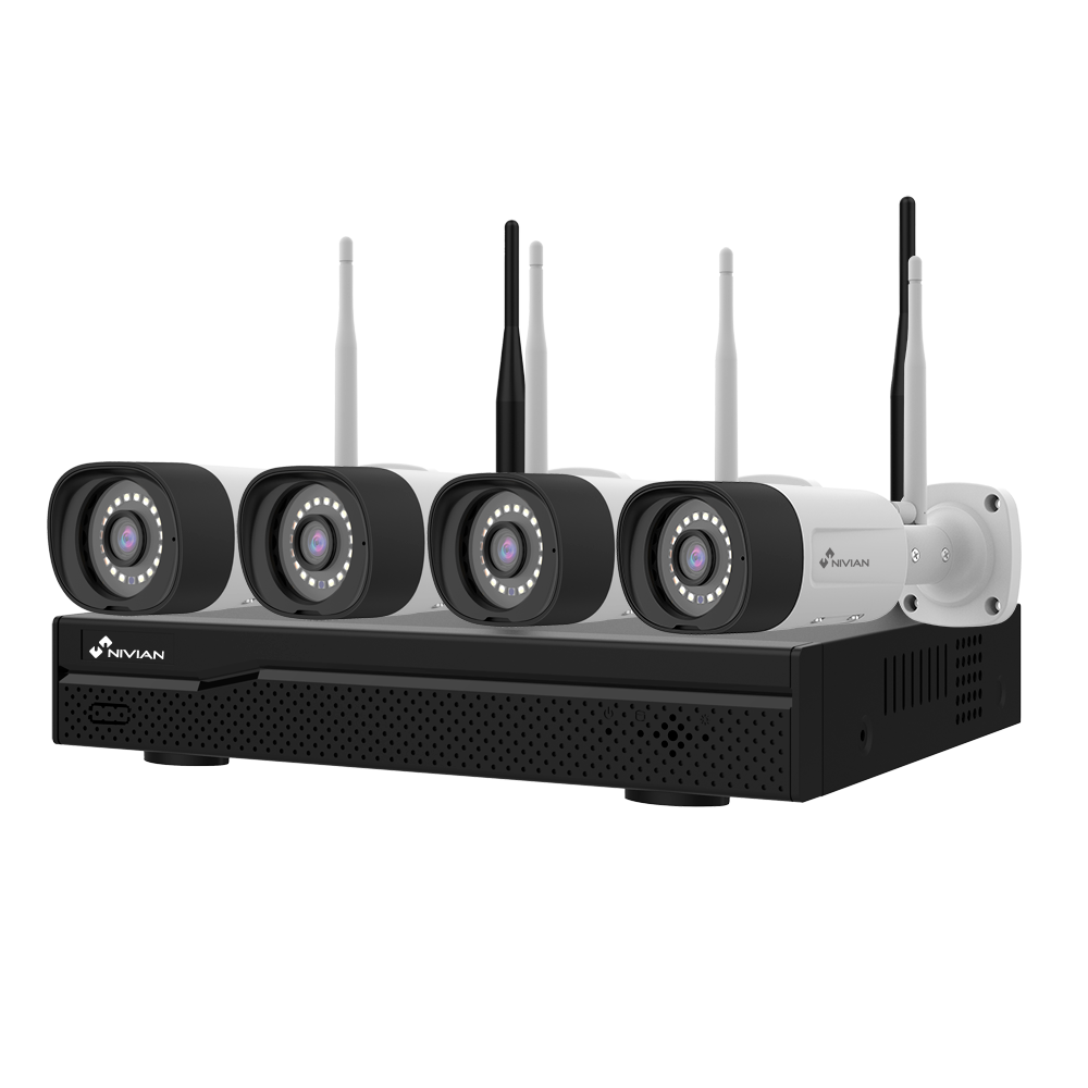 Kit CCTV WiFi Nivian NV-KIT1630W6-4CAM com NVR 16 Canais e 4 Câmaras 3MP IP66 Conjunto de câmaras de segurança NIVIAN com base e antenas
