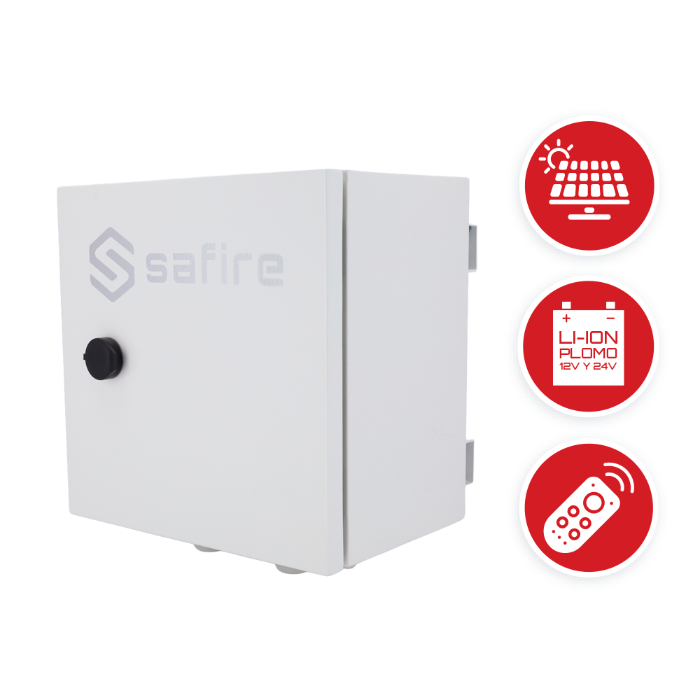 Smartbox Safire SF-BOX3535DC4POE-LITIO | Alimentação Solar PoE para Segurança Caixa metálica branca com fechadura e ícones de funcionalidades