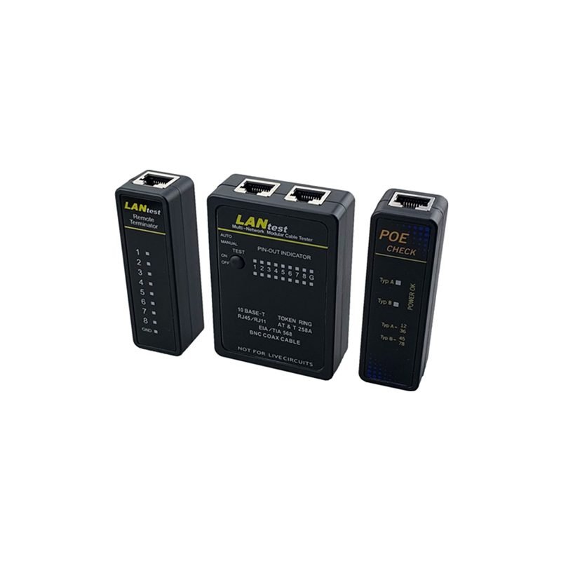 Tester Cabos LAN e PoE RJ45 / RJ11 / BNC Conjunto de testadores LANtest para cabos de rede modulares preto com conectores RJ45