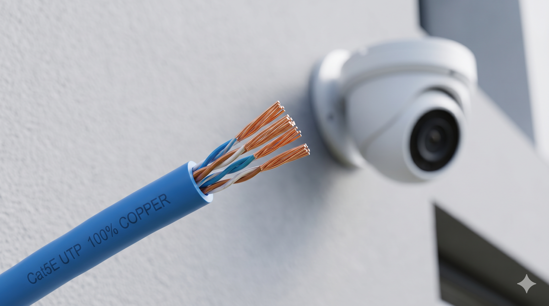 Cabo de rede azul com fios de cobre expostos e câmara de vigilância branca montada na parede