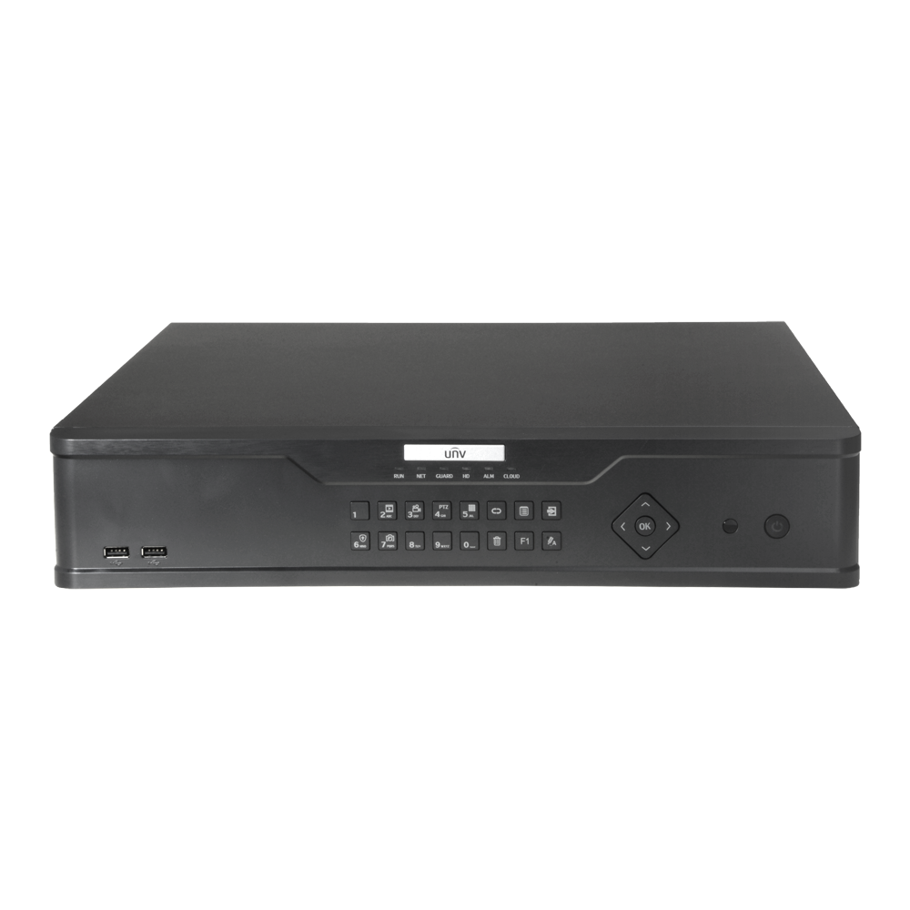 NVR 64 Canais Uniview Prime Ultra 265 12MP - Segurança Profissional Gravador digital de vídeo preto com botões e portas USB