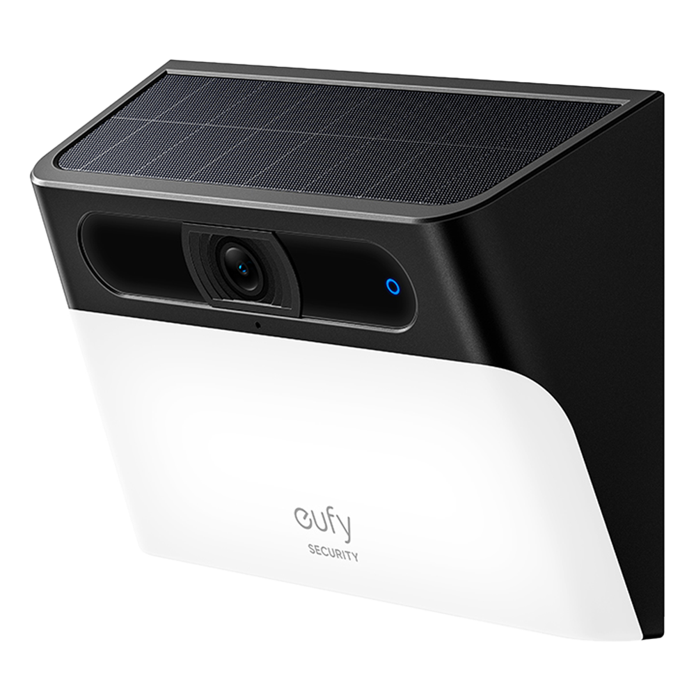 Câmara Solar WiFi Eufy S120: 2K, Deteção PIR, Luz, Sirene Câmara de segurança Eufy preta e branca com painel solar