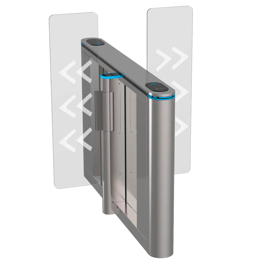 Torno Catraca Motorizado Turboo TS-SG808-M-900 - Acesso PCD Porta giratória de controlo de acesso cinza com painéis transparentes e luzes azuis