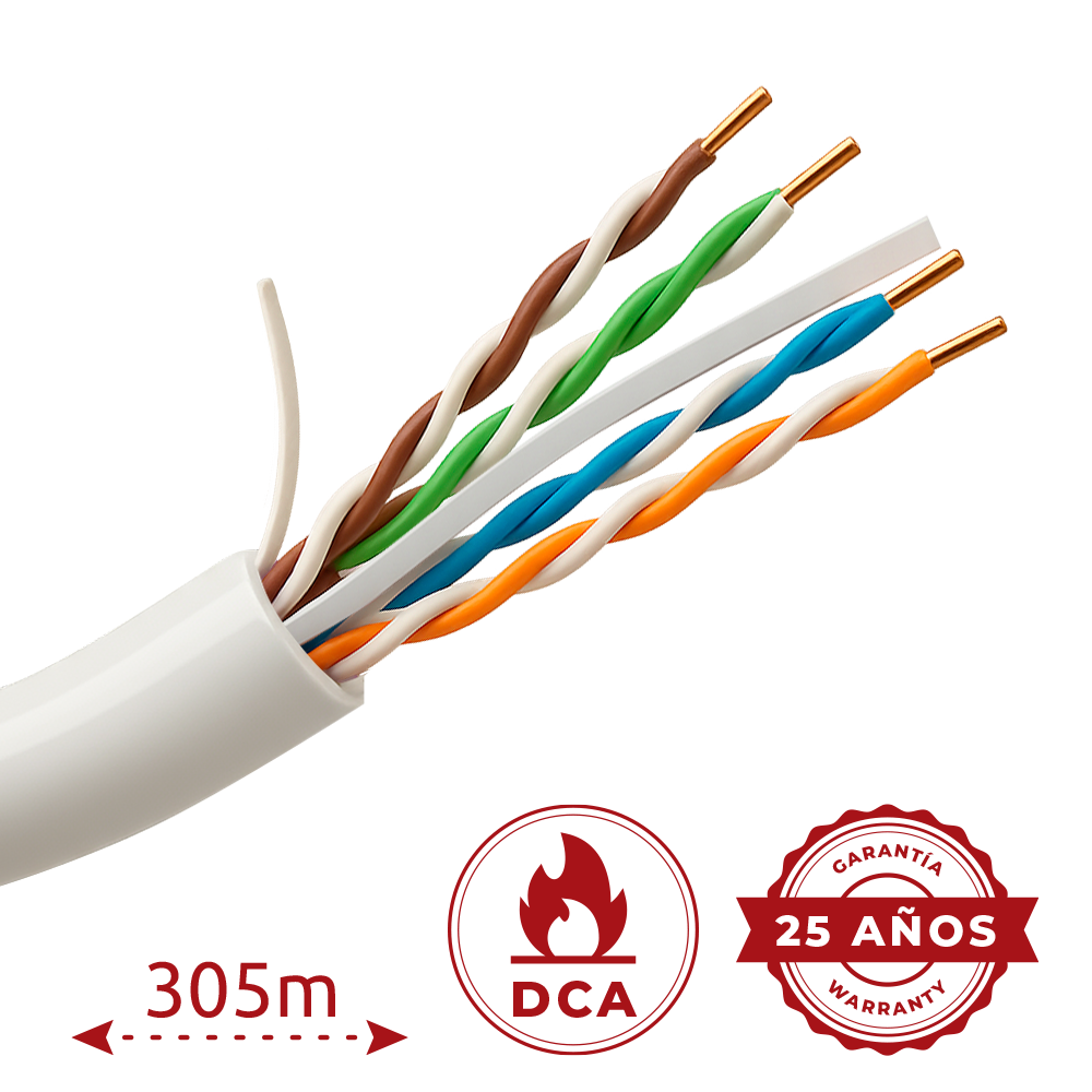 Bobine Cabo UTP CAT6 Uniview 305m Cobre Puro LSZH Cabo de par trançado com quatro pares de fios coloridos e cobre exposto em isolamento branco.