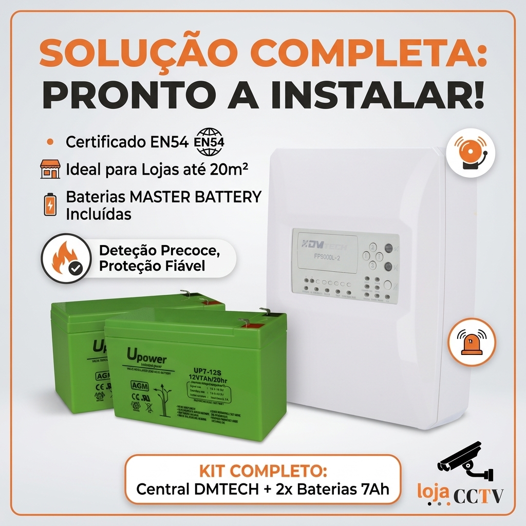 Kit Central de Incêndio DMTECH 2 Zonas EN54 + Bateria | lojaCCTVPro Kit completo DMTECH com duas baterias Upower verdes, texto promocional em português