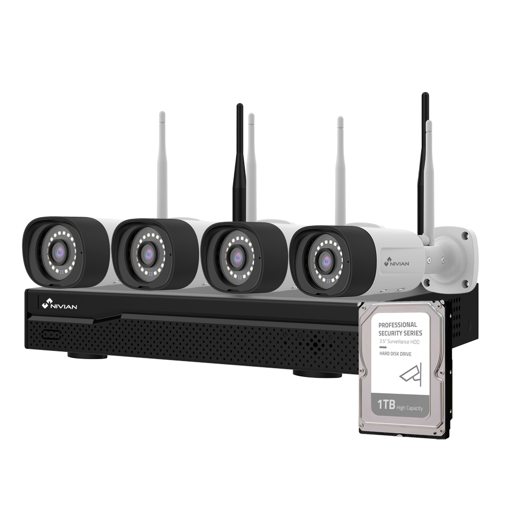 Kit de Videovigilância WiFi Nivian 16 Canais com 4 Câmaras 3MP e Disco 1TB Conjunto de quatro câmaras de segurança sem fios e gravador com disco rígido 1TB.