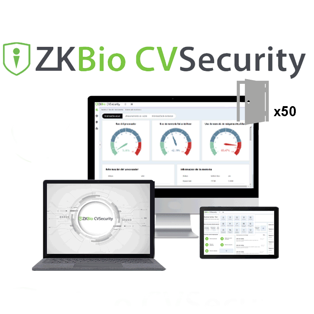 ZKTeco SOF-BIOCV-50 - Software Controlo Acessos até 50 Portas Imagem promocional do software ZKBio CVSecurity em vários dispositivos digitais