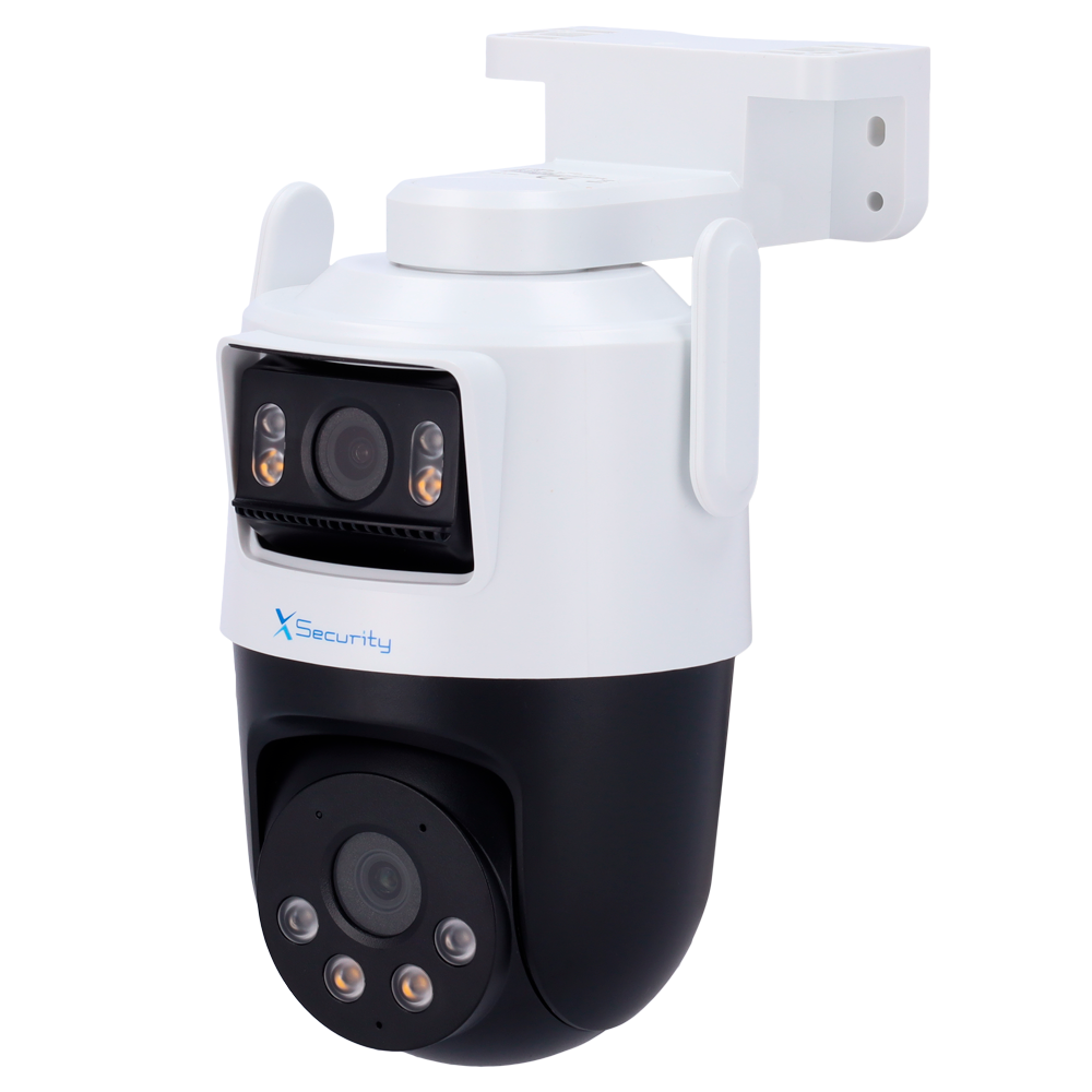Câmara IP Tandem X-Security WiFi 5MP Lente Dupla PTZ Câmara de segurança XSecurity branca e preta montada