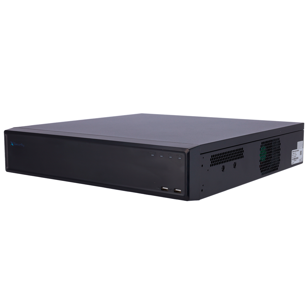 NVR X-SECURITY 32 Canais 16 PoE 16MP H.265+ Reconhecimento Facial Gravador digital preto X-Security com portas USB e luzes indicadoras