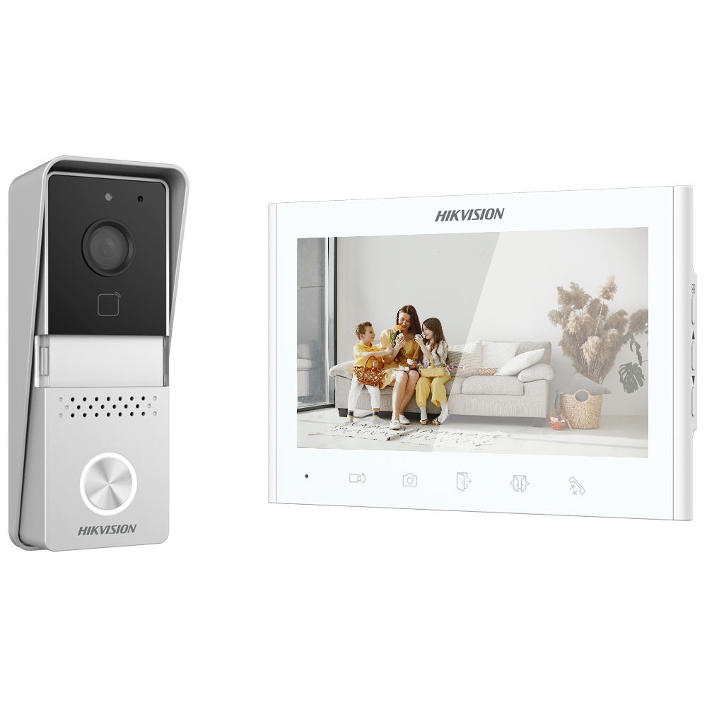 Kit de Videoporteiro Hikvision DS-KIS102-P/Surface (2 fios analógicos) Sistema de vídeo porteiro HIKVISION com câmara exterior prateada e ecrã interior branco com imagem de família