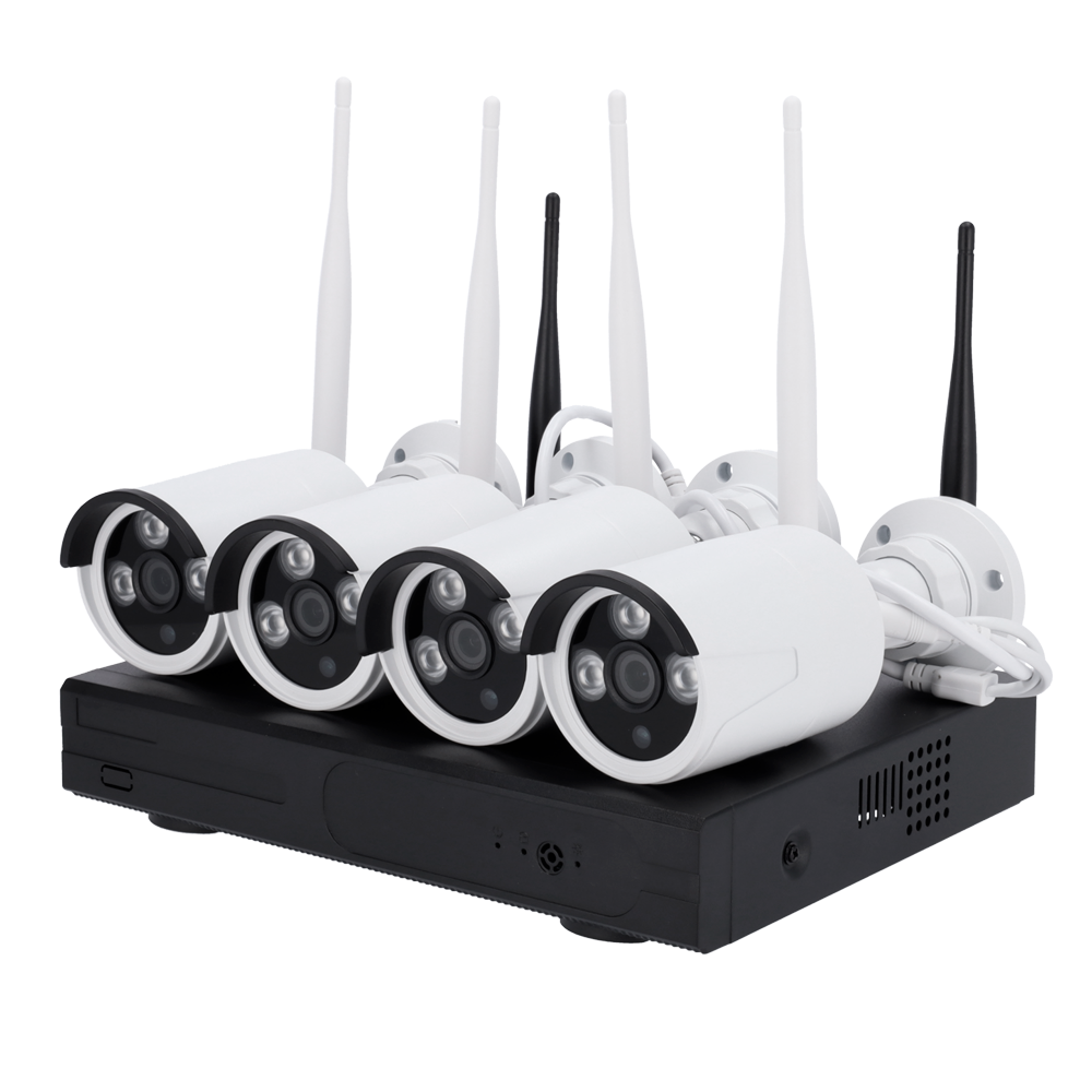 Kit CCTV WiFi Nivian NV-KIT430W-4CAM com 4 Câmaras 3MP Exterior e Gravador NVR Conjunto de quatro câmaras de segurança brancas com antenas sobre equipamento negro