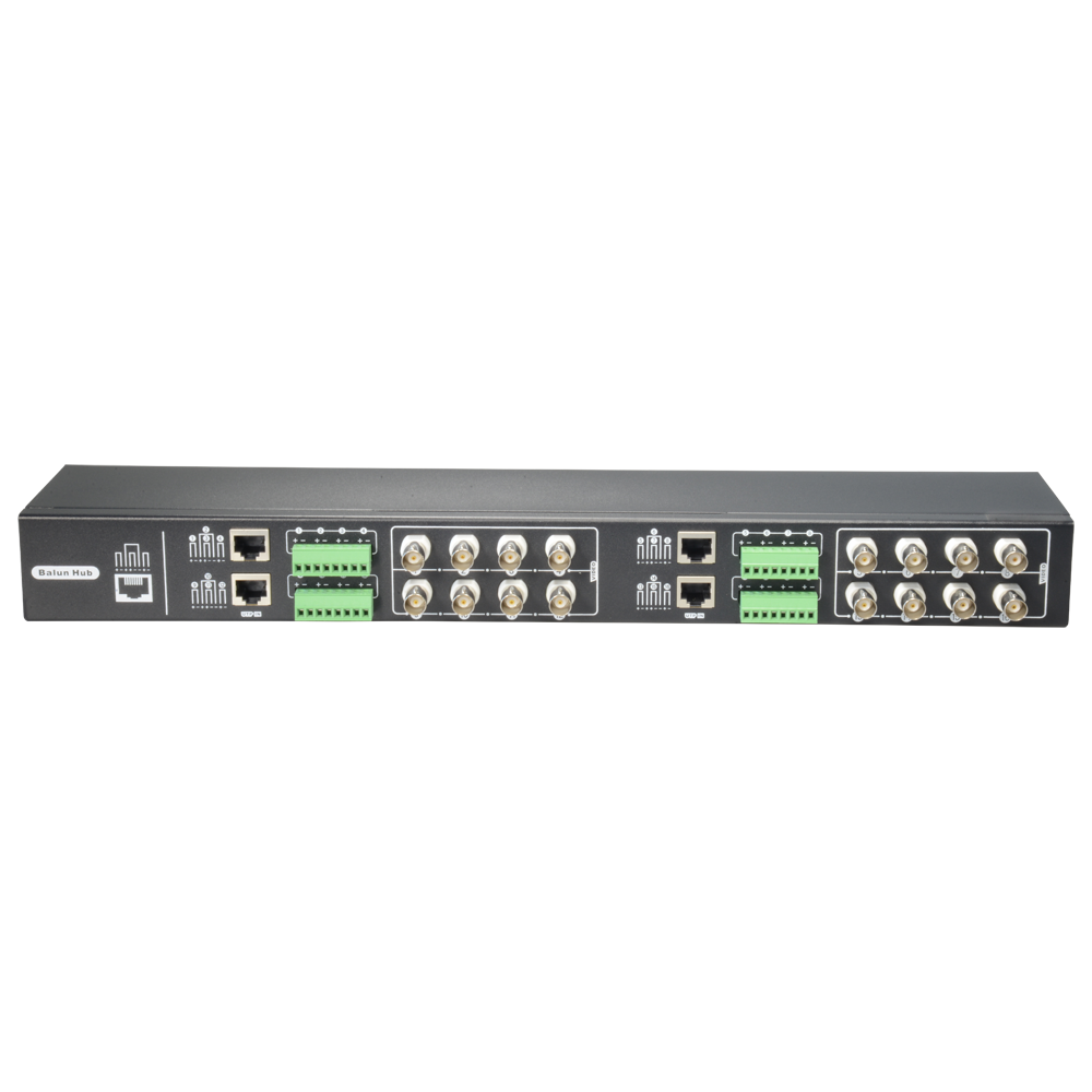Transceptor Passivo 16 Canais HDTVI/HDCVI/AHD/CVBS BA616P-HD Balun Hub preto com portas RJ45, conexões BNC e blocos terminais verdes