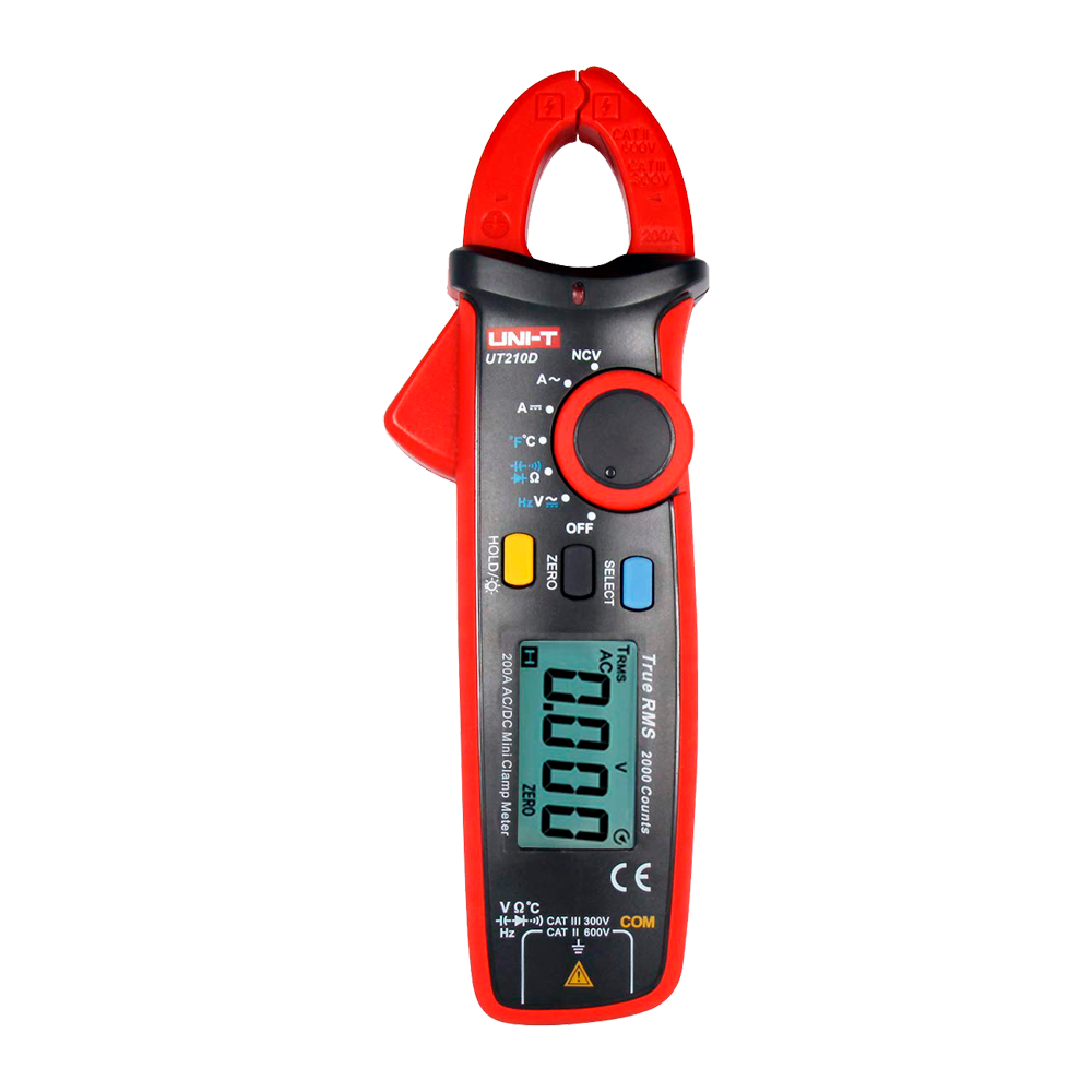 Alicate Amperimétrico Digital UNI-T UT210D 200A AC/DC True RMS Multímetro digital tipo alicate em preto e vermelho com ecrã e botões coloridos