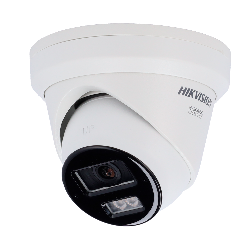 Câmara IP Turret Hikvision 4MP Dual Lente 2.8/4mm Luz Híbrida AcuSense Câmara de vigilância branca de teto HIKVISION com lente preta e LEDs