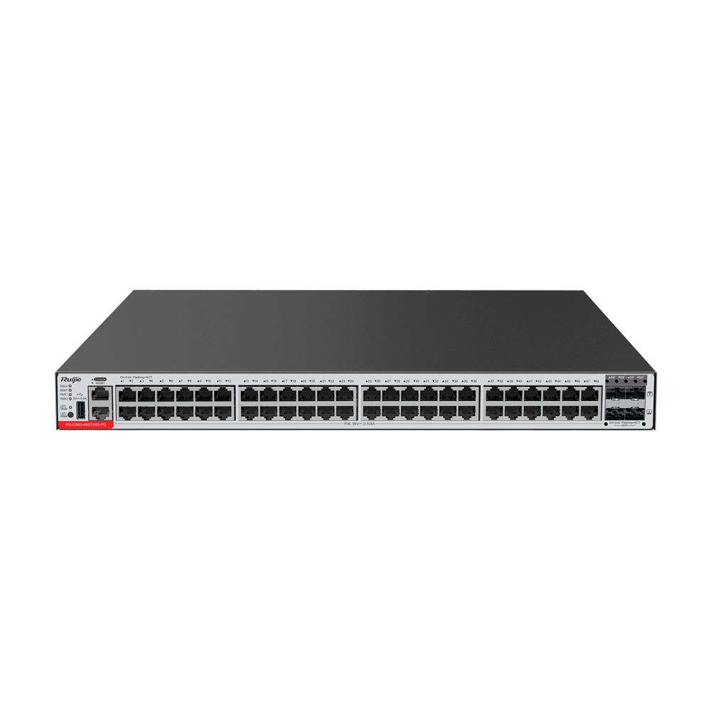 Ruijie Switch Cloud gerenciável L3 48 portas PoE RJ45 + 4 portas SFP+ 48 Portas Gigabit + 4 Portas 10G-RG-CS83-48GT4XS-PD Switch de rede NETGEAR cinzento com 48 portas Ethernet e dois slots SFP