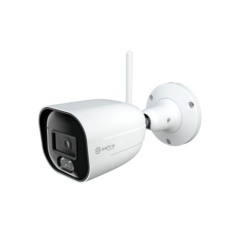 Câmara IP Bullet WiFi Safire Smart 5MP com IA e Luz Dupla Câmara de vigilância branca com antena e suporte de fixação