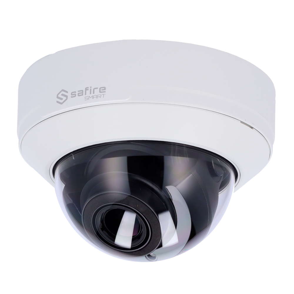 Câmara Dome IP Safire Smart 4MP com IA Avançada, PoE e Lente Motorizada Câmara de segurança domo Safire Smart com cúpula transparente
