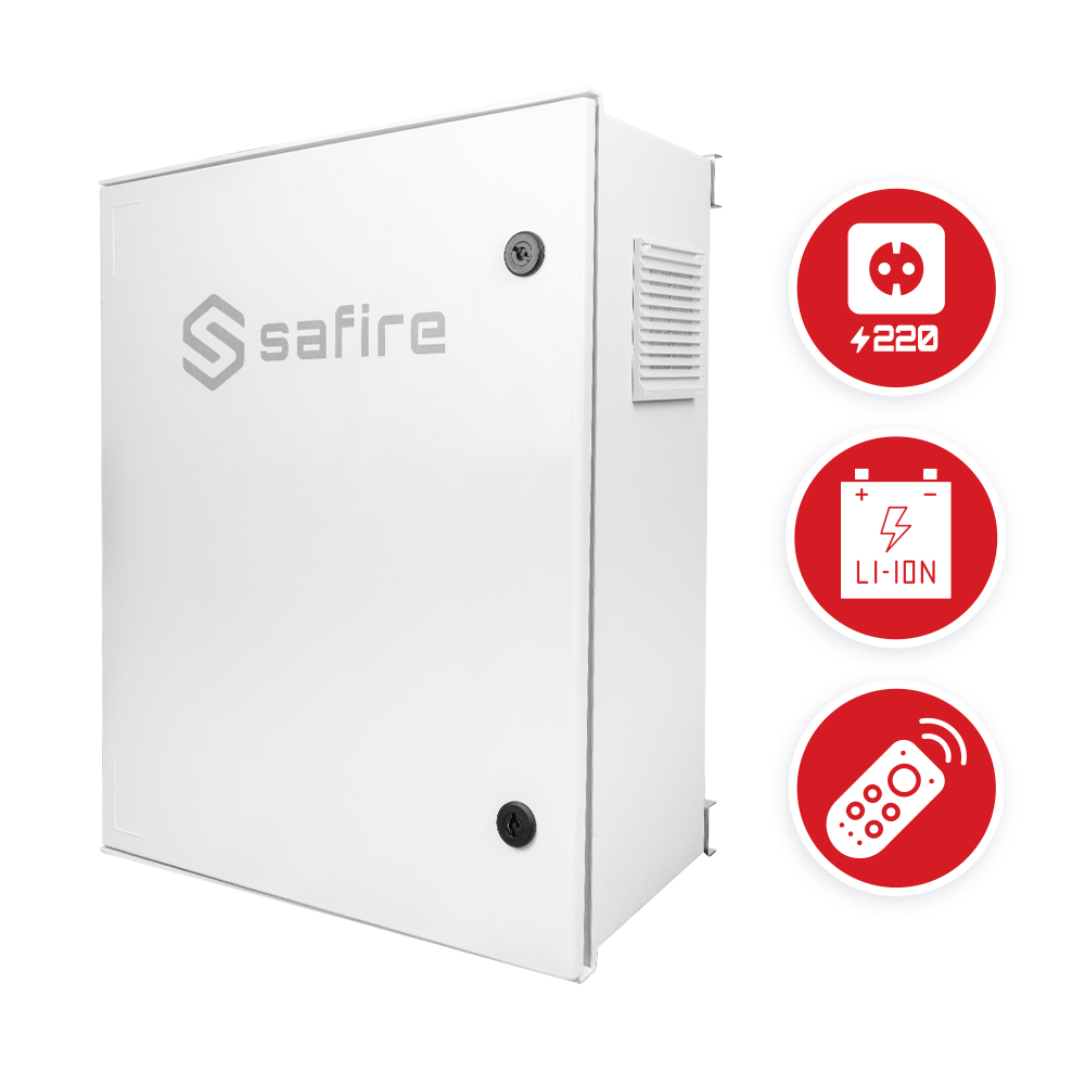 Smartbox Safire com Switch PoE e Carregamento Rápido para Iluminação Dispositivo branco Safire com ícones de energia e controlo remoto