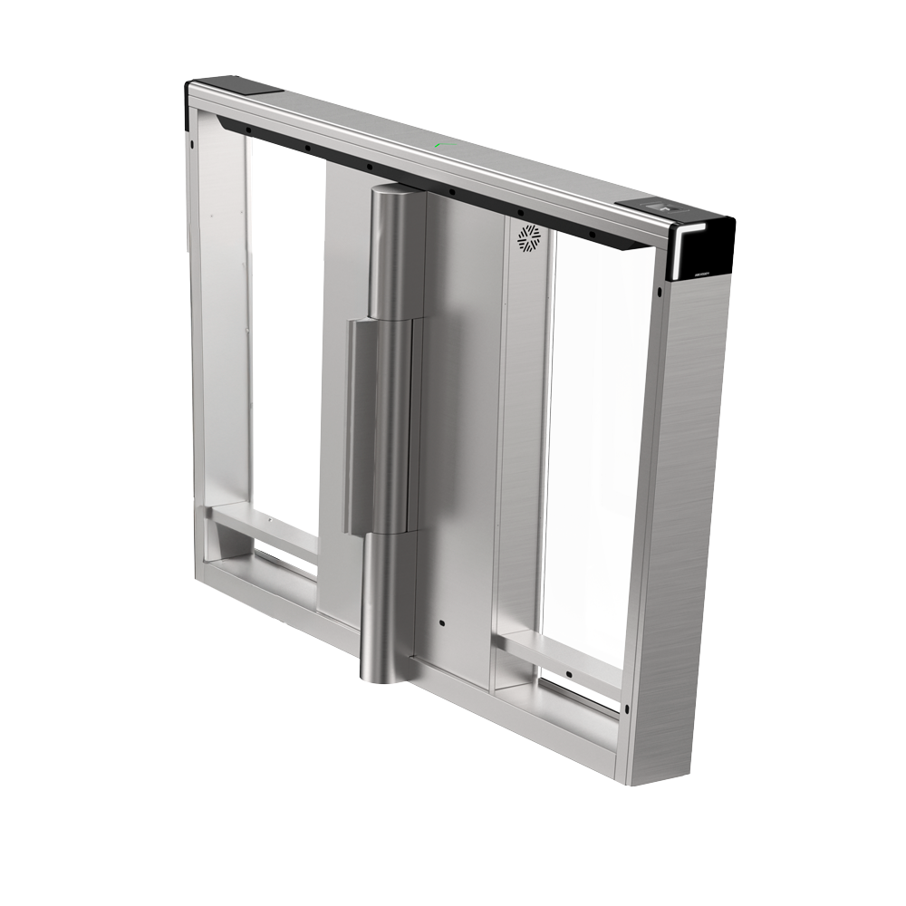 Torno Motorizado Hikvision DS-K3B530X-R/M Acesso Único Bidirecional Portão de segurança metálico com painéis transparentes e setas brancas