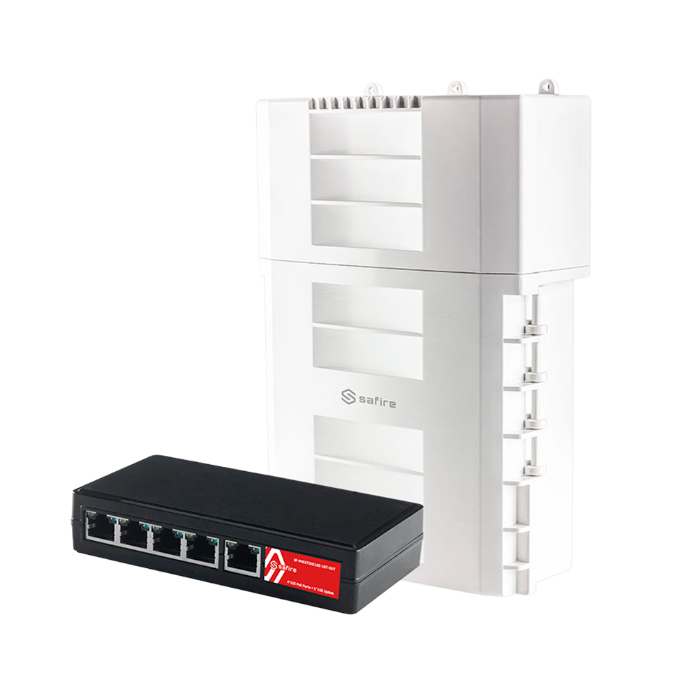 Extensor PoE Exterior Safire SF-POEXT5GE1GE-1BT-OUT - Gigabit para Longas Distâncias Equipamento Safire com caixa branca e switch preto com cinco portas